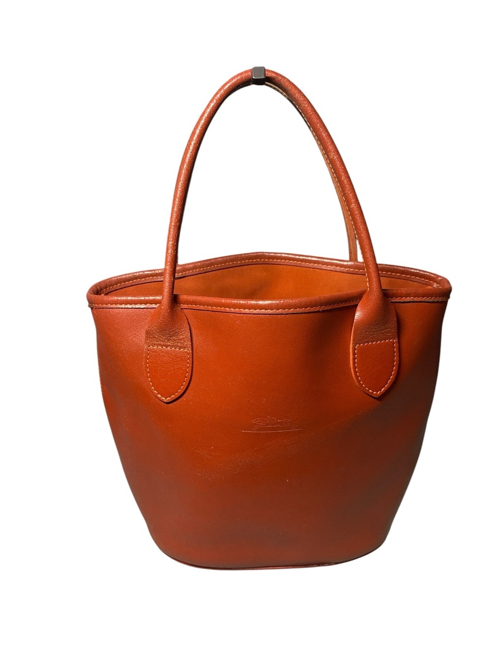 Vintage Longchamp Cognac Smooth Leather Bucket Tote Bag Horse Logo